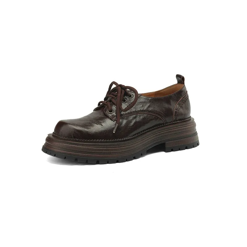 British Styles Handmade Leather Round Toe Chunky Oxford Shoes with 45mm Platform in Black/Brown