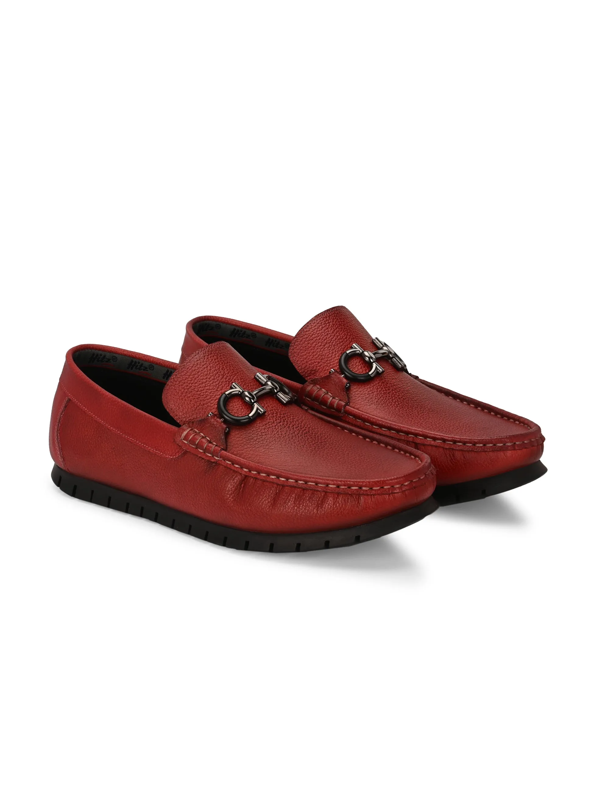 Hitz Men's Red Leather Casual Loafers