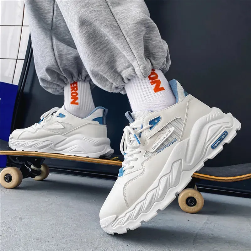 Wiaofellas Men Thick Sole Height Increasing Sneakers White Breathable Trendy Casual Simple Walking Shoes Comfortable Wear Resistant Shoes