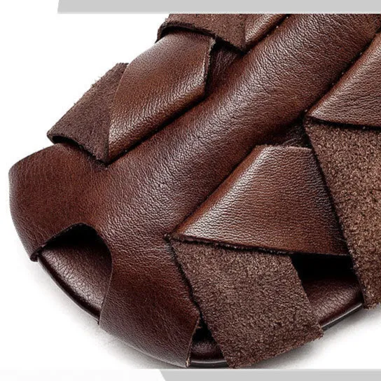 Women's Handmade Leather Retro Weaving Round Toe Summer Flat Sandals