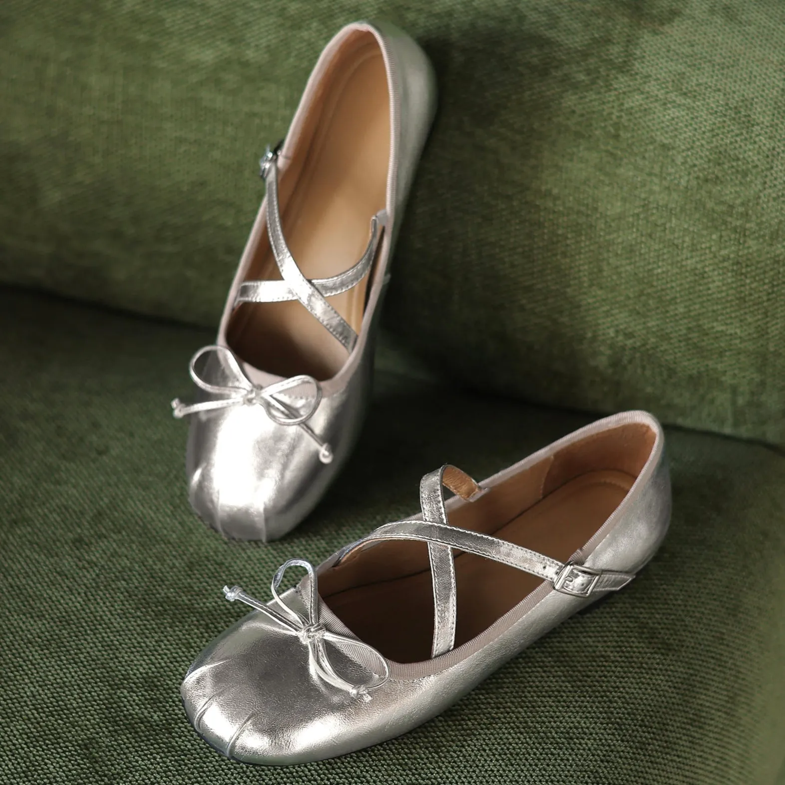 Women's Sheepskin Leather Ballet Flat Cross Strap Bow Shoes